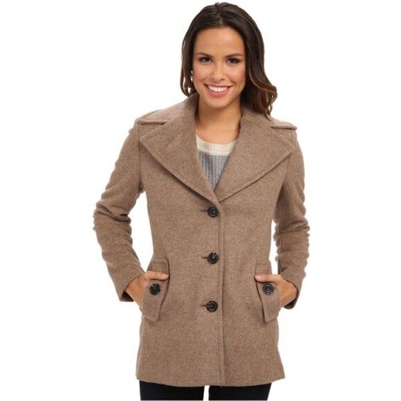 Calvin Klein Single Breasted Wool Silk Blend Peacoat Size 10 Oatmeal - Picture 1 of 7
